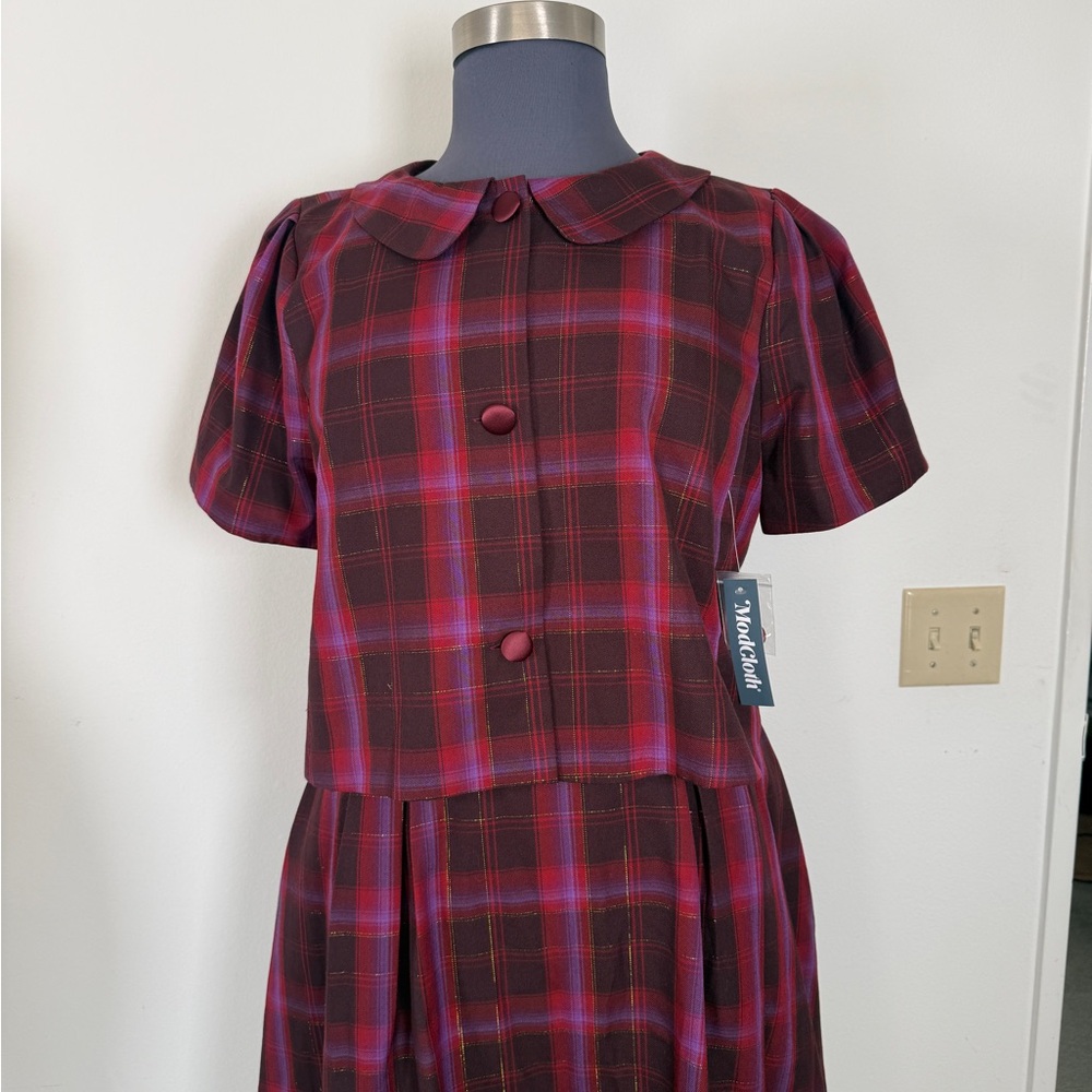 Modcloth Burgundy Plaid Top with Peter Pan Collar